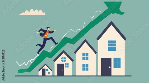 Housing price rising up, real estate or property growth concept, businessman running on rising green graph on house roof. vector