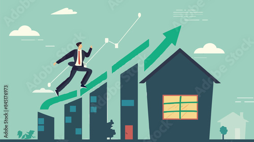 Housing price rising up, real estate or property growth concept, businessman running on rising green graph on house roof. vector