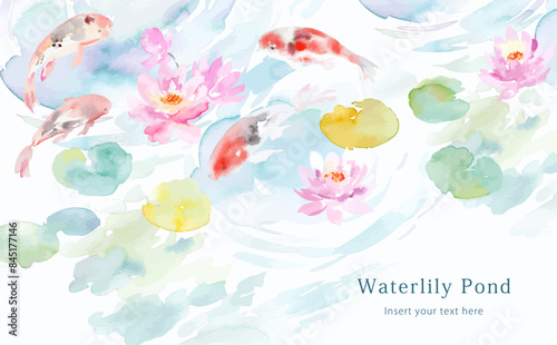 Vector illustration of abstract water lilies, a pond, and koi fish painted in watercolor for background