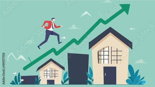 Housing price rising up, real estate or property growth concept, businessman running on rising green graph on house roof. vector