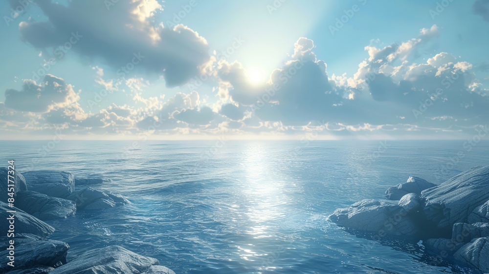 Serene Ocean View With Sun Rays Breaking Through Clouds Creating A