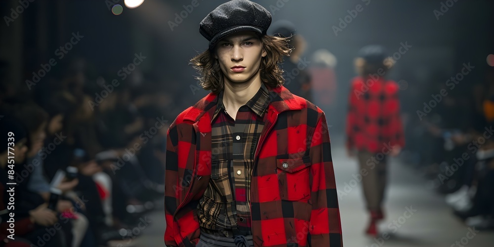 Stylish young male model in beret and joggers strutting on the runway at a fashion show. Concept Fashion, Runway, Stylish, Male Model, Beret, Joggers, Strutting Stylish young male model in beret and joggers strutting on the runway at a fashion show. Concept Fashion, Runway, Stylish, Male Model, Beret, Joggers, Strutting
