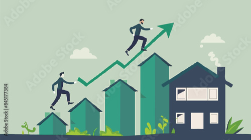 Housing price rising up, real estate or property growth concept, businessman running on rising green graph on house roof. vector