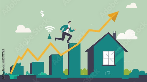 Housing price rising up, real estate or property growth concept, businessman running on rising green graph on house roof. vector