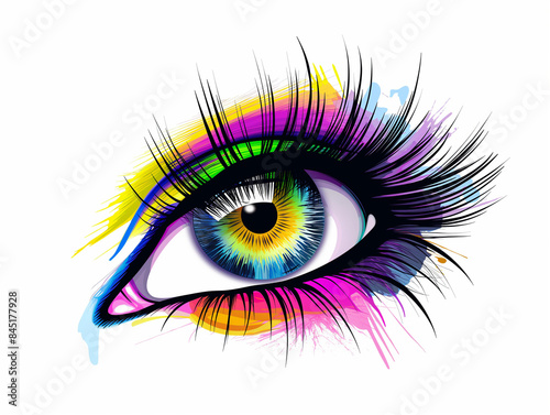 A vibrant eye with colorful paint drips,