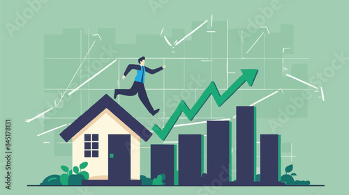 Housing price rising up, real estate or property growth concept, businessman running on rising green graph on house roof. vector