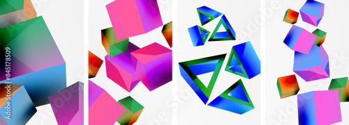 Flying 3d shapes, cubes and other geometric elements background design for wallpaper, business card, cover, poster, banner, brochure, header, website