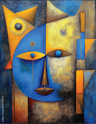 Abstract painting featuring a geometric face with blue, yellow, and brown colors