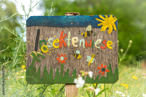 Auf einer Wiese stehendes Holzschild auf dem mit bunten Buchstaben Insektenwiese geschrieben steht, horizontal photo