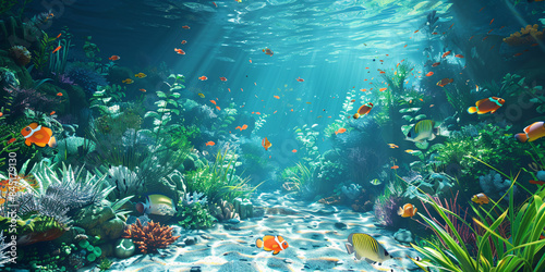 Detailed 3D render of a tropical underwater scene with a diverse array of fish, coral, and marine plants, high-resolution, high-definition (HD), ultra high-definition (UHD), professional-grade