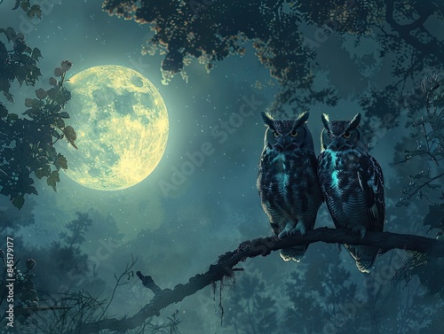 A pair of owls perched on a branch under a full moon in a quiet forest - Enigmatic and Silent - Moonlight casting a silvery glow  photo