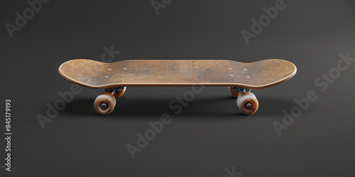 A wooden skateboard on a concrete floor  with black ba ckground photo