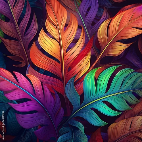 A vibrant and colorful illustration of tropical leaves, with each leaf in different colors like orange, green, purple, or blue. The background is dark to highlight the bright feathers