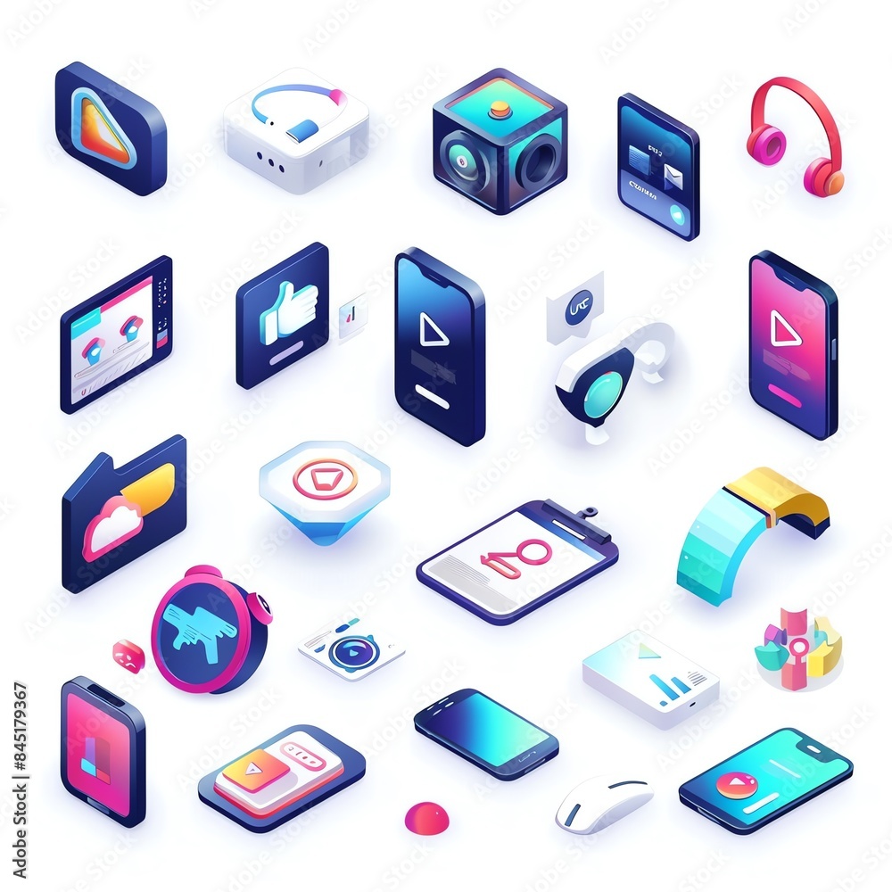 Isometric video streaming and content creation icons