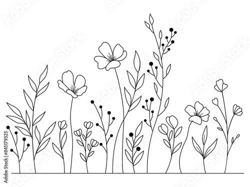 Hand-drawn wild flowers sketch set isolated on white background. Spring herbal design. Black Silhouettes Of Grass, Flowers And Herbs.