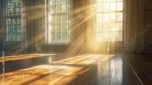 Room with morning sunlight shining through windows