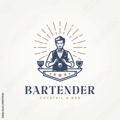 classic bar and eatery with bartender making cocktail label logo vector illustration design