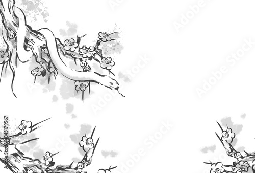 巳年年賀状テンプレート　手描きの蛇と梅　祝詞なし