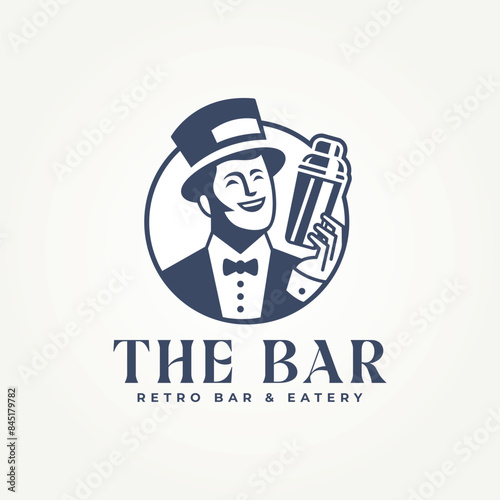 classic bartender with boston shaker label logo vector illustration design. vintage retro bar and eatery logo concept