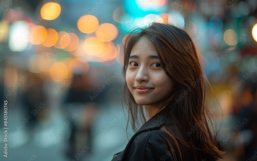 Obraz premium A woman with long hair is smiling at the camera. She is wearing a black jacket and is standing on a street