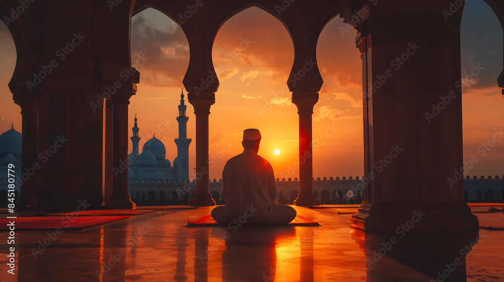 A man is sitting on the floor in a mosque, praying A man is sitting on the floor in a mosque, praying