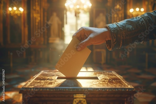 Hand Casting Vote Into Ballot Box in Historic Building with Sunlight Streaming Through Windows, Symbolizing Democracy and Civic Duty in Ornate Interior Setting with Wooden FlooringVoting