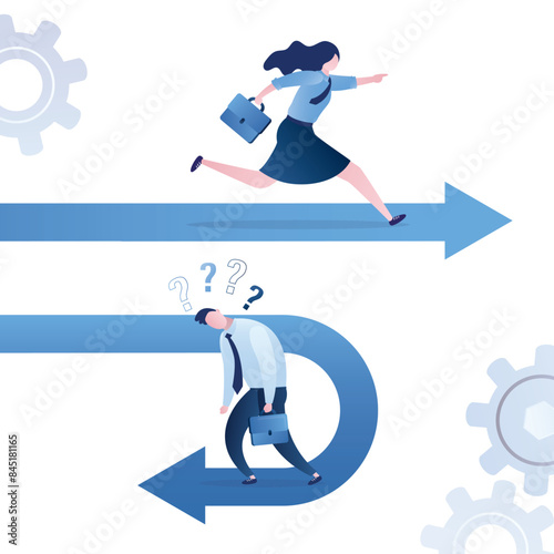 Loser businessman walks on the wrong road, business woman leader runs to her goal along straight road. Choosing right direction for business or career development.