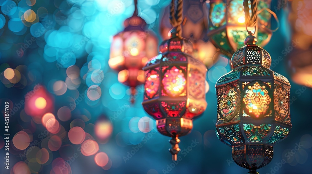 Colorful Eid Lanterns Floating on Pastel Sky Colorful Eid Lanterns Floating on Pastel Sky