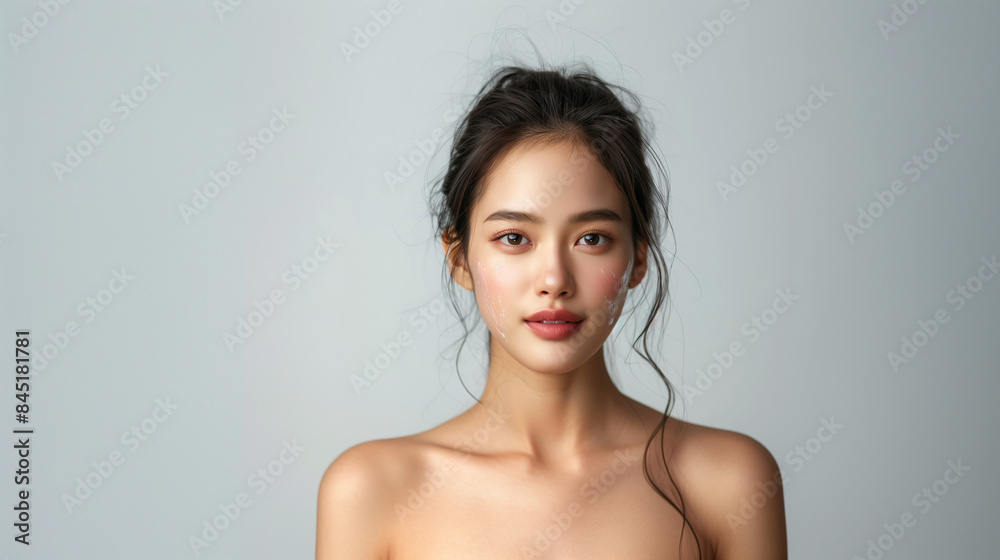 Obraz premium Beautiful young asian woman with clean fresh skin on white background, Face care, Facial treatment, Cosmetology, beauty and spa, Asian women portrait.