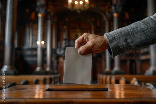 Hand placing a vote into ballot box inside classic church environment with wooden pews and chandeliers highlighting democratic processVoting