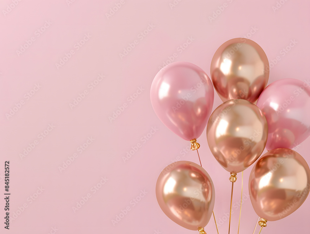 Golden pink balloons on a pink background with blank text space