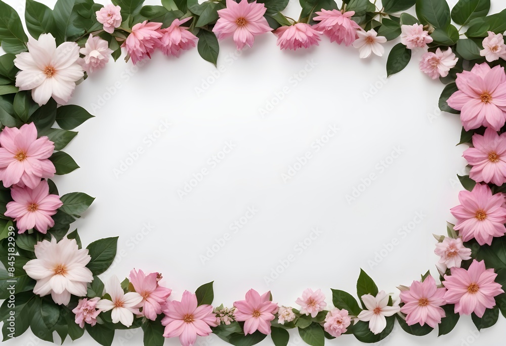 Flowers with leaves forming a border around a blank white background Flowers with leaves forming a border around a blank white background