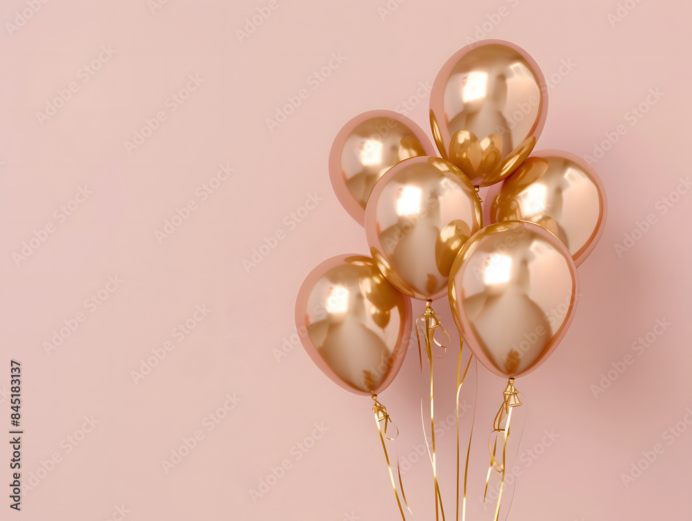 Golden pink balloons on a pink background with blank text space Golden pink balloons on a pink background with blank text space