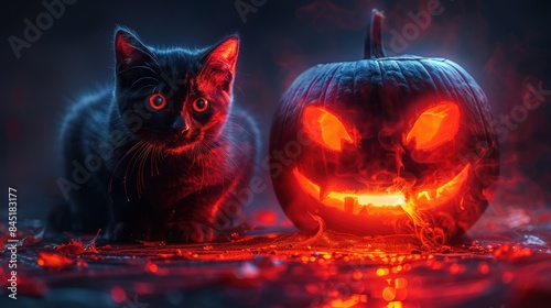 Black Cat and Glowing Jack-o'-Lantern