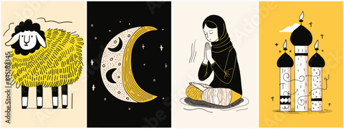 Hand drawn illustration style of Eid religious celebration. Set of banners for islamic religion