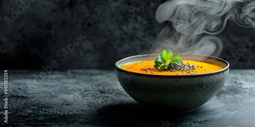 Steamy pumpkin soup poured into a ceramic bowl. Concept Pumpkin Soup, Comfort Food, Food Photography, Fall Season, Kitchen Decoration