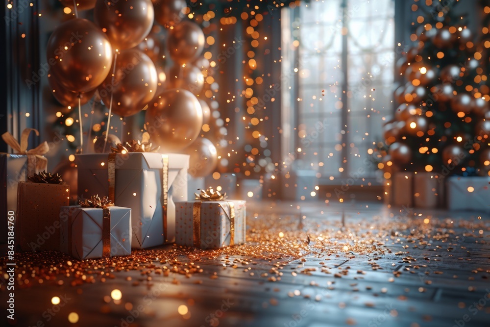 Obraz premium Festive Holiday Scene with Golden Balloons and Wrapped Gifts Sparkling in Warm Ambient Lighting, Celebratory Winter Eveningfestive