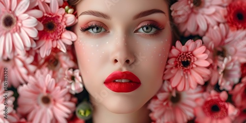 The Beauty and Femininity of a Woman with Red Lipstick and Flowers. Concept Beauty Photography, Femininity Portraits, Red Lipstick, Flower Accents, Elegance Captured © Anastasiia