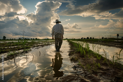 European farmer surveying his waterlogged crops after a heavy monsoon, a look of concern  photo