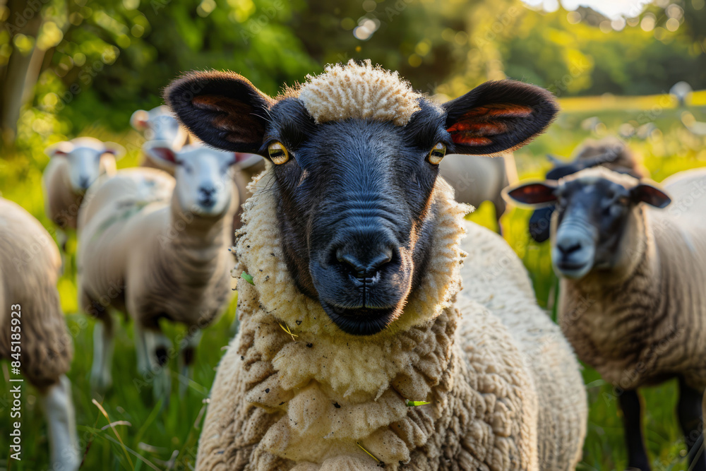 Fototapeta premium Close-up of a black-faced sheep in a meadow, surrounded by a flock, showcasing wool and attentive gaze.