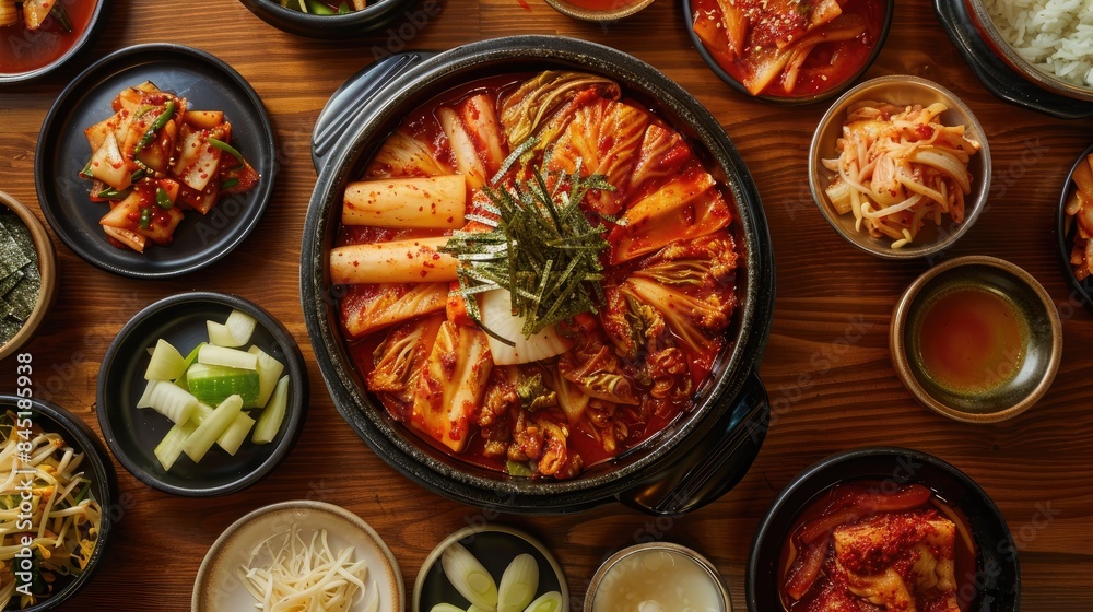 Korean Restaurant Kimchi Vegetables as Side Dish on Wood Table
