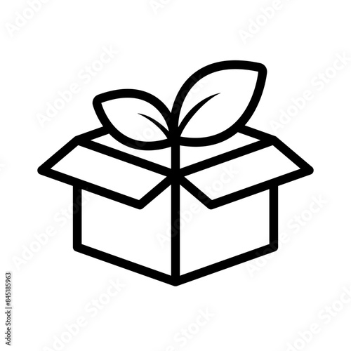 Eco packaging line icon. Ecologic food stamps. Organic natural food labels. Box with leafs, ecologicaly clean products, thin line symbol.  Vector illustration