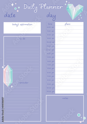 Daily planner for important notes and scheduling. Suitable for school, college, university and habit building. Day planner in purple with magic crystals.