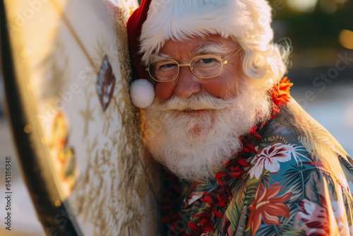 Close-up of Santa Claus in a Hawaiian shirt holding a surfboard on a sunny beach, capturing a tropical holiday spirit photo