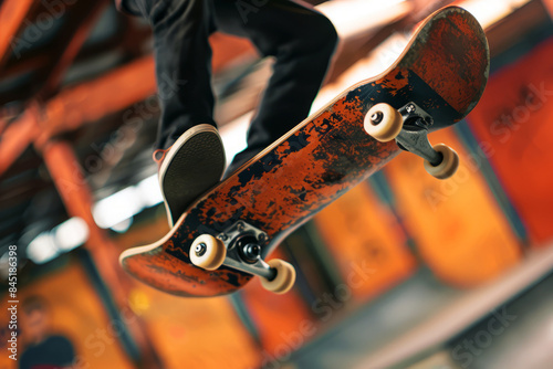 Close-up of a skateboarder executing an ollie on a ramp in a sunny skate park during autumn