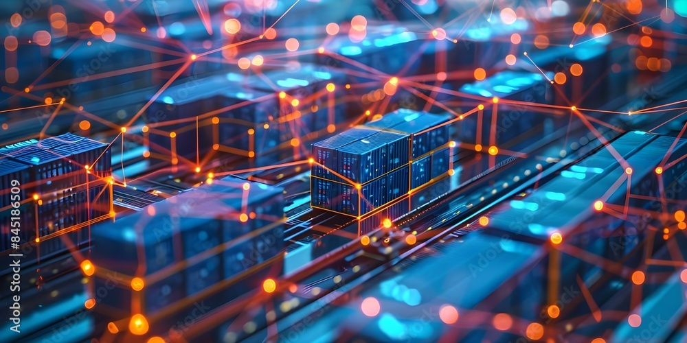 Fototapeta premium Image shows interconnected data points in blockchainenabled supply chain tracking system. Concept Blockchain, Supply Chain, Data Tracking, Interconnectivity, Technology