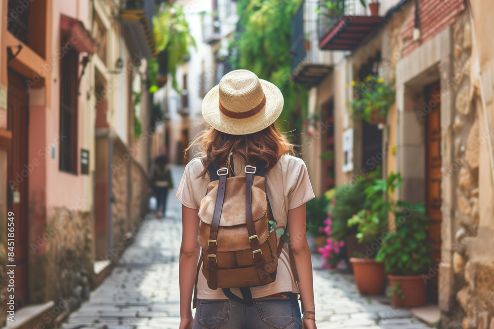 Solo traveler exploring old town streets in spain young backpacker tourist on vacation adventure Solo traveler exploring old town streets in spain young backpacker tourist on vacation adventure