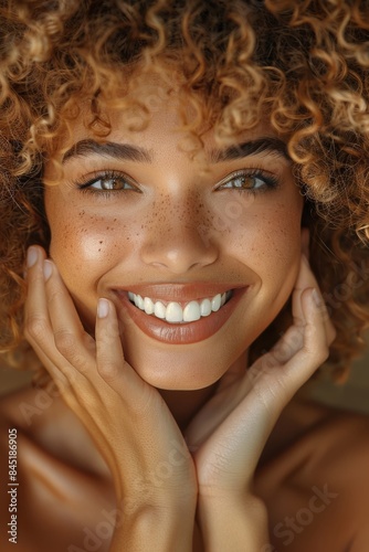 An African American woman with curly hair smiling directly at the camera