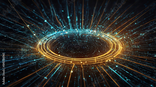 Abstract network, floating WiFi symbol, swirling lines, data nodes, gradient colors
