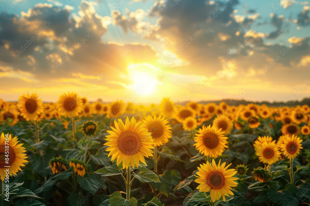 Obraz premium Sunrise over a field of sunflowers, beautiful, bright and cheerful nature landscape, showcasing the beauty of nature in this image for Ads, banner, magazine publication. Generative AI